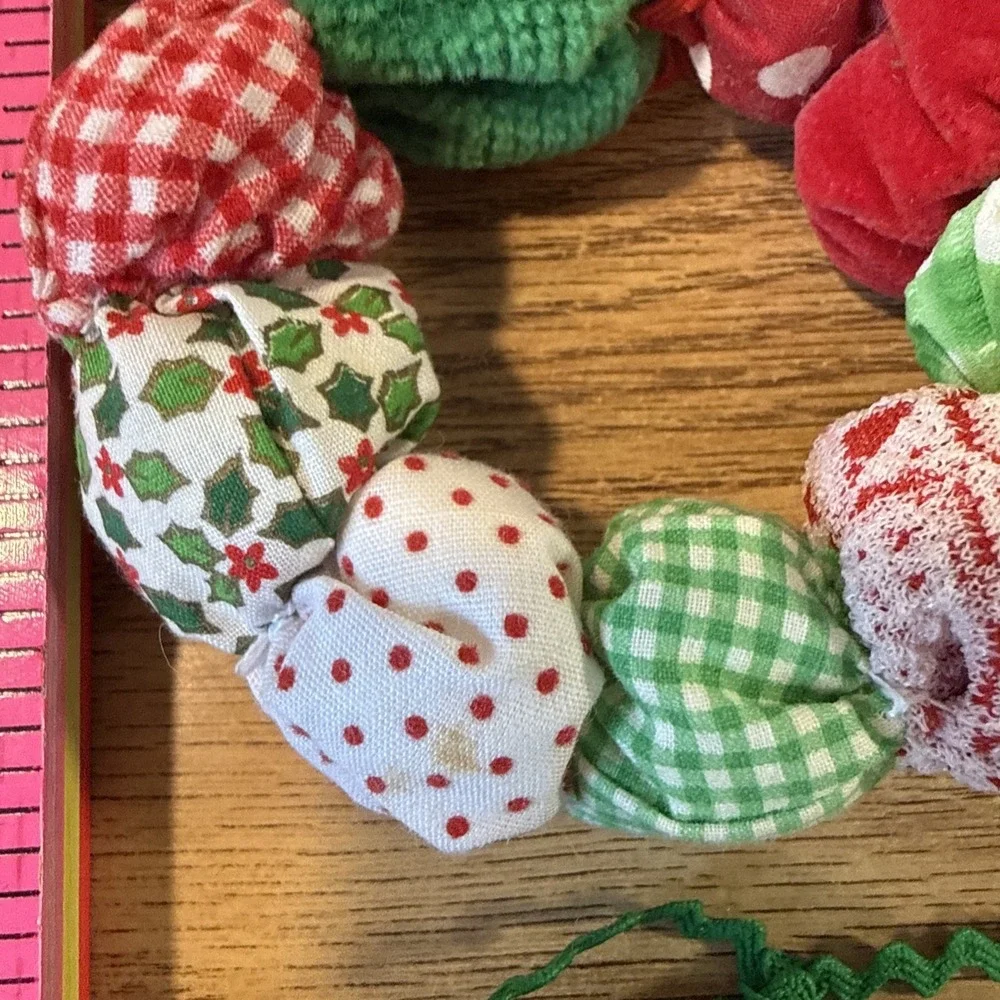 6 Vintage handmade fabric puff wreath Christmas Ornaments